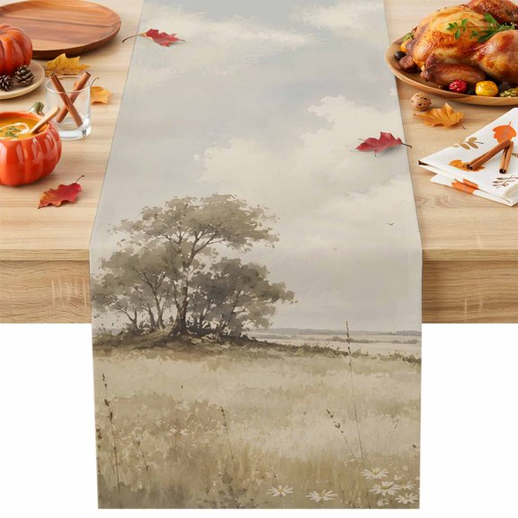 Open Field Table Runner 13x36 Inch Rustic Prairie Green Prairie Grass Tree Clouds Landscape Cotton Linen Dining Table Runner Ideal for Dresser Kitchen Coffee Tables - Machine Washable