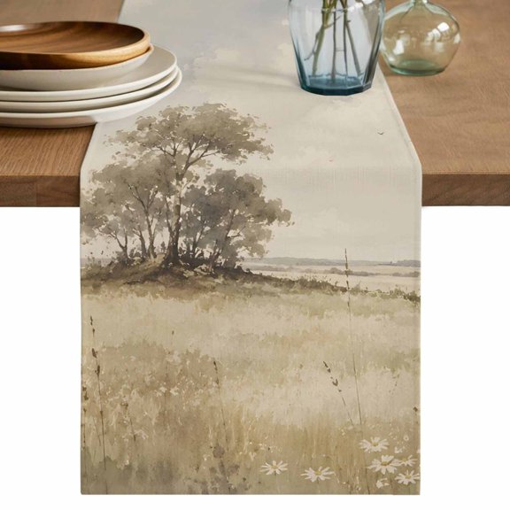Open Field Table Runner, Rustic Prairie Green Prairie Grass Tree Clouds Landscape Cotton Linen Table Cloth, Tablerunner for Kitchen Dining Party Wedding Home Decor 13x36 Inch