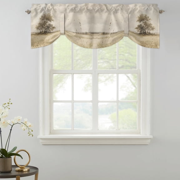 Open Field Tie Up Valances Curtain, Rustic Prairie Green Prairie Grass Tree Clouds Landscape Kitchen Valances for Windows Decor, Rod Pocket Short Curtains Set for Bedroom/Bathroom, 42"x12"
