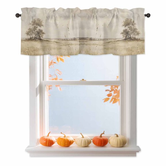 Open Field Valances for Windows, Rustic Prairie Green Prairie Grass Tree Clouds Landscape Rod Pocket Valance Short Window Treatments Curtains for Kitchen Bathroom Bedroom Decor, 54 x 18 Inches