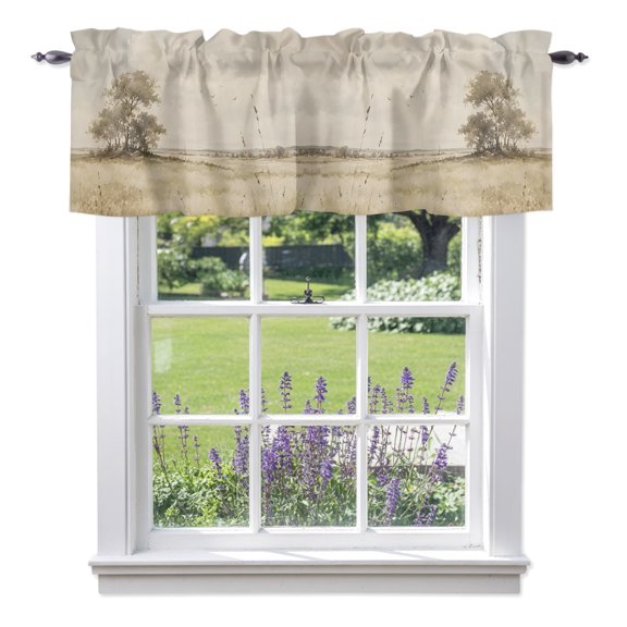 Open Field Valances for Windows, Rustic Prairie Green Prairie Grass Tree Clouds Landscape Valance Window Treatment Rod Pocket Short Curtains Valances for Kitchen Bathroom 54"W x 18"L