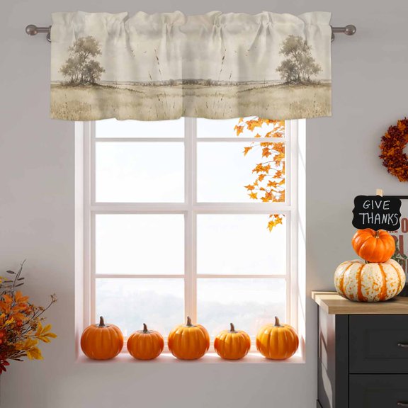 Open Field Window Valance for Kitchen, Rustic Prairie Green Prairie Grass Tree Clouds Landscape Rod Pocket Short Curtains for Bathroom Bedroom Window, Light Filtering Decorative Valances 54x18 Inch