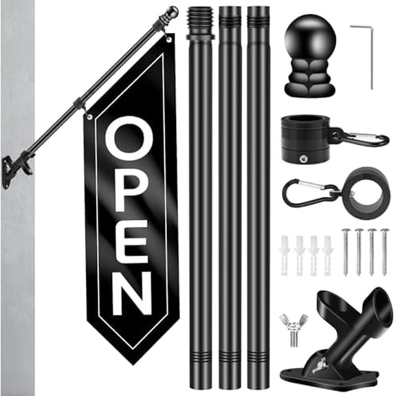 Open Flag with Pole Kit - Heavy Duty Double-Sided Open Banner for Business Storefront, Outdoor Advertising Sign with Mounting Bracket for Retail & Shops (Black-41"x12")
