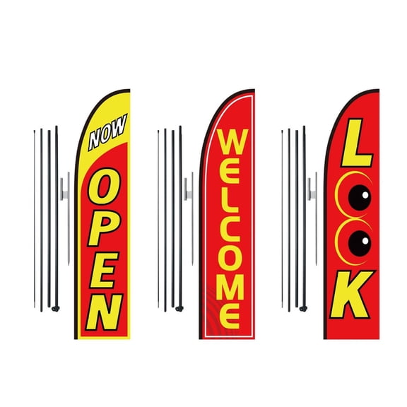 Open Flags Kit - Advertising Feather Flags for Business, 3 Flags (Open, Look, Welcome), Pole & Stakes - 16.3FT Outdoor Swooper Flags
