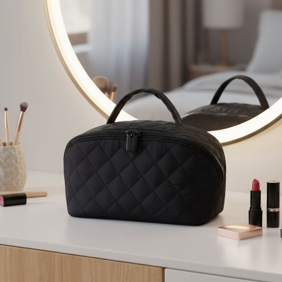 Open Flat Waterproof Large Capacity Handheld Makeup Bag Polyester Cosmetic Organizer for Makeup Brush Storage Premium Travel Toiletry Pouch for Women (Black)