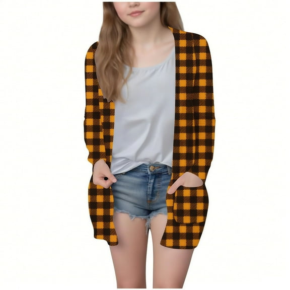 Open Front Cardigan New Girls Open Front Cardigan Fashion Plaid Casual Long Sleeve Jacket Lightweight Fall Outwear with Pockets Yellow 130