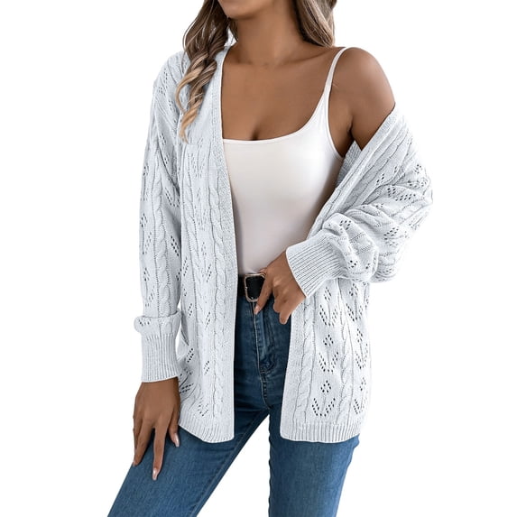 Open Front Cardigan - Women's Oversized Long Sleeve Knit Sweater, Fashion Cutout Detail Cover-Up | Baberdicy | Women's Long Sleeve Cable Knit Cardigan Sweaters Oversized Open (White | S)