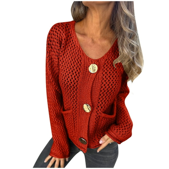 Open Front Cardigan for Women Button Down Long Sleeve Chunky Knit Sweaters with Pockets Red S