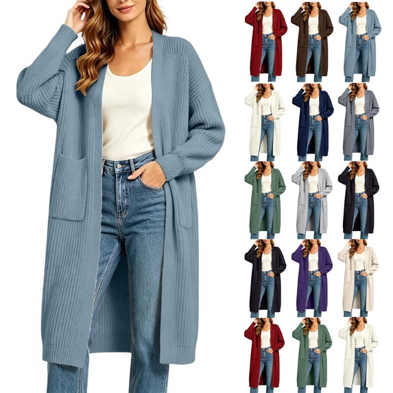 Open Front Cardigan for Women Solid color Warm Ribbed Knit Sweater with Side Pockets Perfect for Autumn & Winter