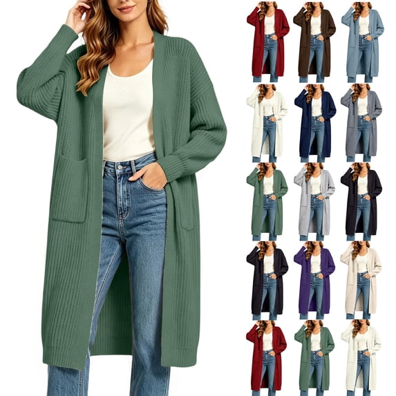 Open Front Cardigan for Women Solid color Warm Ribbed Knit Sweater with Side Pockets Perfect for Autumn & Winter