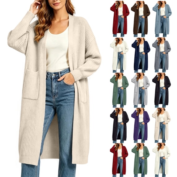 Open Front Cardigan for Women Solid color Warm Ribbed Knit Sweater with Side Pockets Perfect for Autumn & Winter