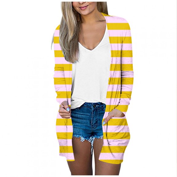 Open Front Cardigans Womens Trendy Lightweight Casual Outwear Tops with Pockets Colorblock Fall Jackets (2XL, Yellow 02)