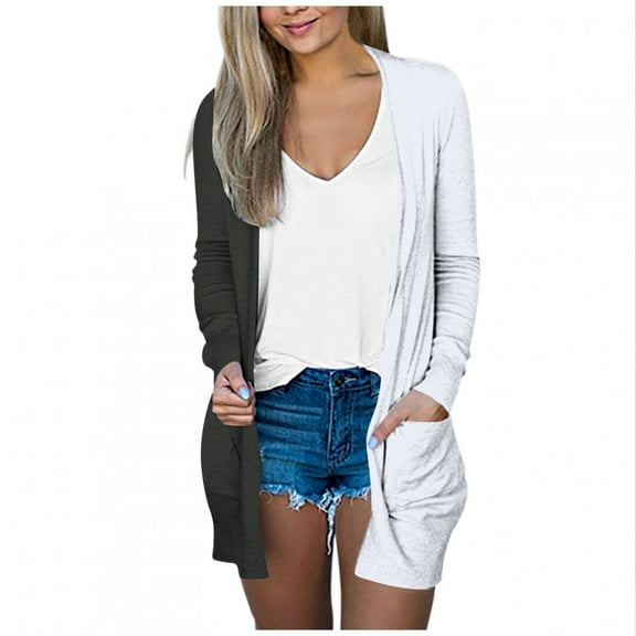 Open Front Cardigans Womens Trendy Lightweight Casual Outwear Tops with Pockets Colorblock Fall Jackets (L, Black)