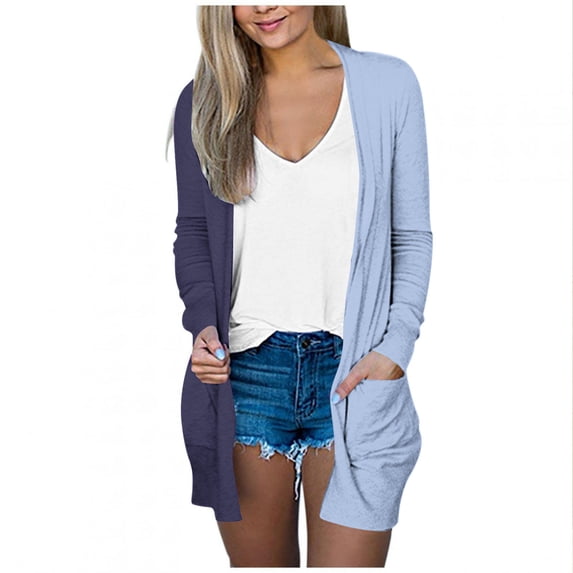 Open Front Cardigans Womens Trendy Lightweight Casual Outwear Tops with Pockets Colorblock Fall Jackets (L, Navy)