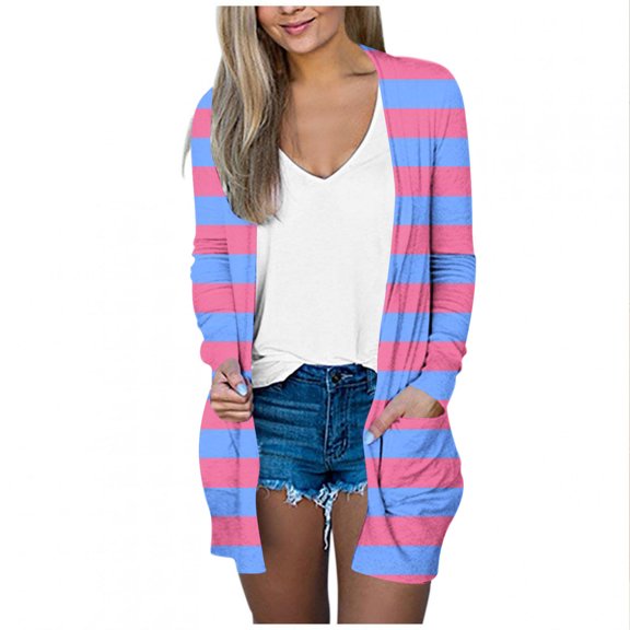 Open Front Cardigans Womens Trendy Lightweight Casual Outwear Tops with Pockets Colorblock Fall Jackets (L, Pink 02)