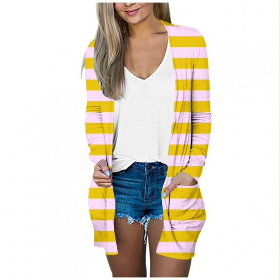 Open Front Cardigans Womens Trendy Lightweight Casual Outwear Tops with Pockets Colorblock Fall Jackets (XL, Yellow 02)