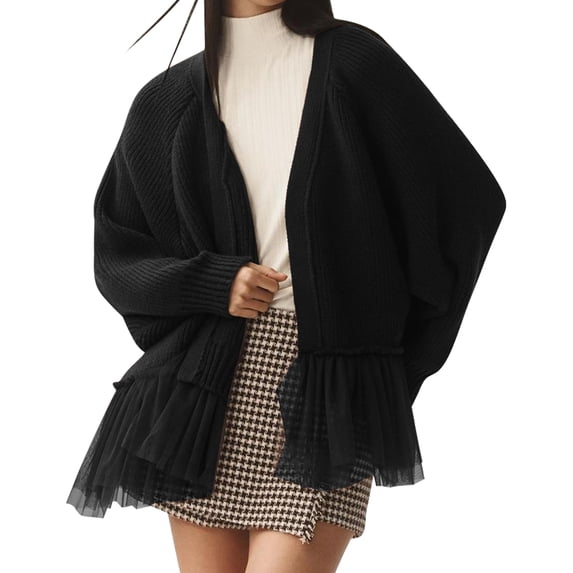 Open Front Chunky Cardigan Sweaters for Women Dressy Lace Long Sleeve Cable Knit Sweater Outwears Black L