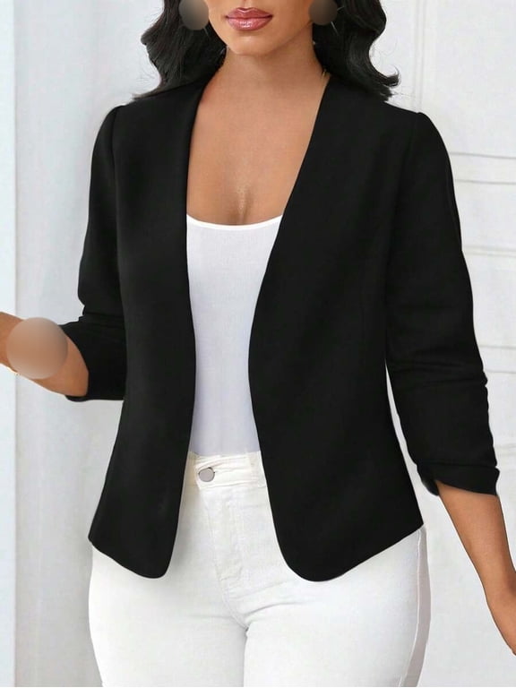 Open Front Collarless Blazer for Women 3/4 Sleeve Pleated Fitted Waist Cinching Office Workwear Jacket