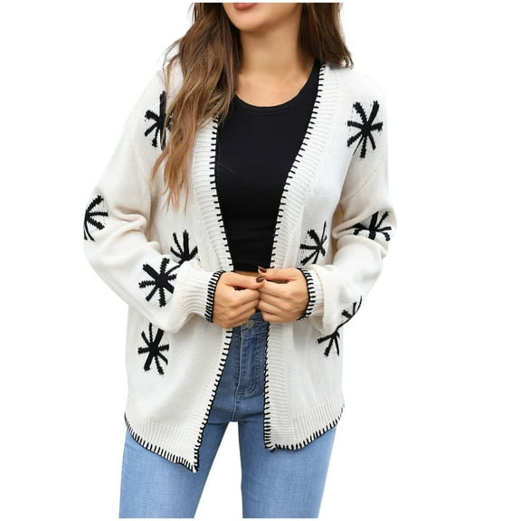 Open Front Floral Sweater for Women Long Sleeve Casual Fall Knit Cardigans Lightweight Loose Trendy Clothes White, XL