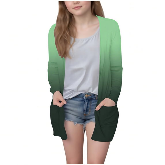 Open Front Jacket for Girls Fall New Girls Open Front Cardigan Fashion Gradient Color Casual Long Sleeve Jacket Lightweight Fall Outwear with Pockets Army Green 130