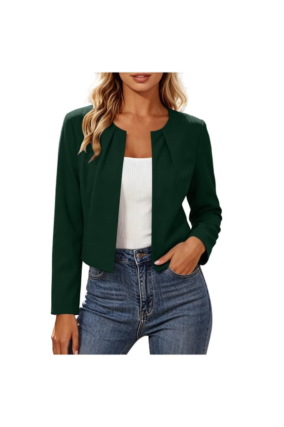 Open Front Jackets For Women Pleated Crew Neck Long Sleeve Cropped Outwear Casual Business Office Suit Jackets (M, Army Green)