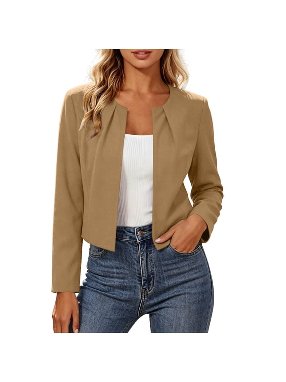 Open Front Jackets For Women Pleated Crew Neck Long Sleeve Cropped Outwear Casual Business Office Suit Jackets (M, Khaki)