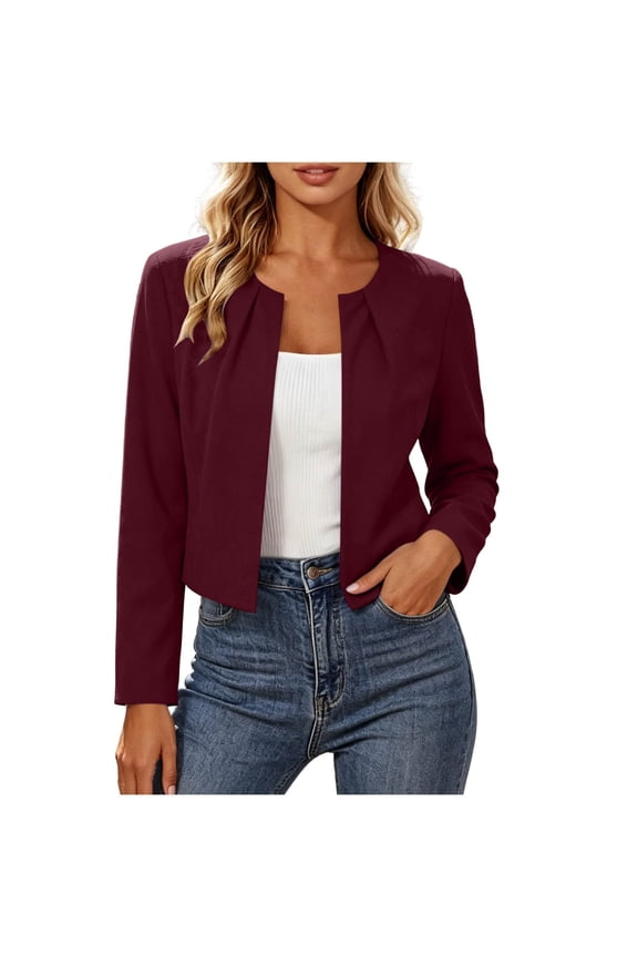 Open Front Jackets For Women Pleated Crew Neck Long Sleeve Cropped Outwear Casual Business Office Suit Jackets (M, Wine)