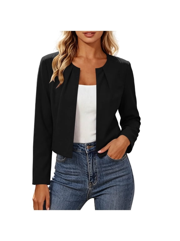 Open Front Jackets For Women Pleated Crew Neck Long Sleeve Cropped Outwear Casual Business Office Suit Jackets (S, Black)