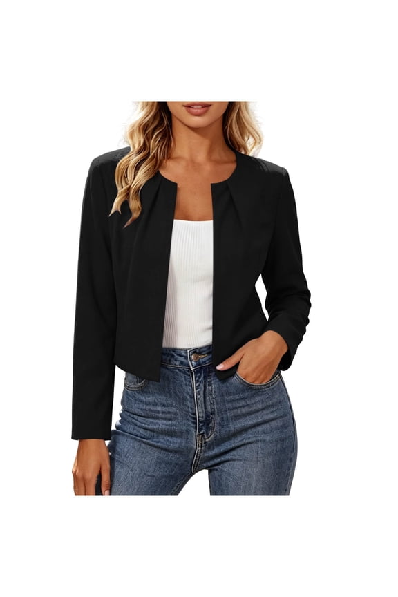Open Front Jackets For Women Pleated Crew Neck Long Sleeve Cropped Outwear Casual Business Office Suit Jackets (S, Black)