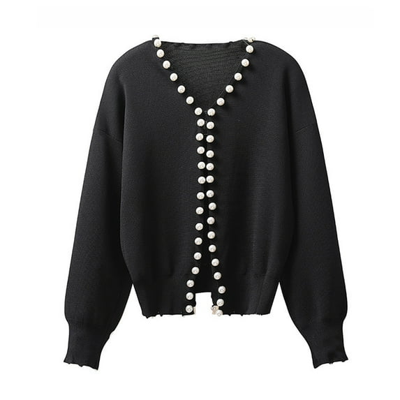 Open Front Knitted Cardigan Crew Collar Long Sleeve Sweater Coat with Faux Pearls Trim Solid Color Warm Outerwear