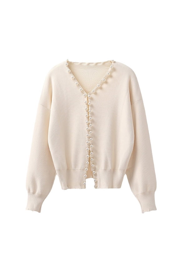 Open Front Knitted Cardigan Crew Collar Long Sleeve Sweater Coat with Faux Pearls Trim Solid Color Warm Outerwear