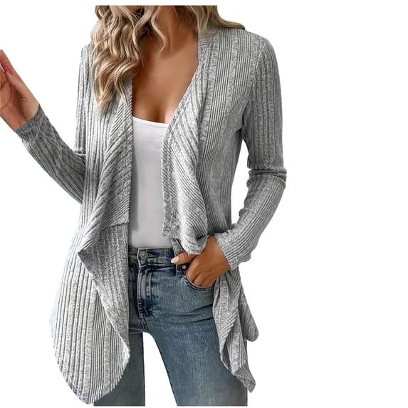 Open Front Knitted Cardigan For Women Long Sleeve Irregular Hem Knit Sweater Casual Loose Drape Outwear (S, Gray)
