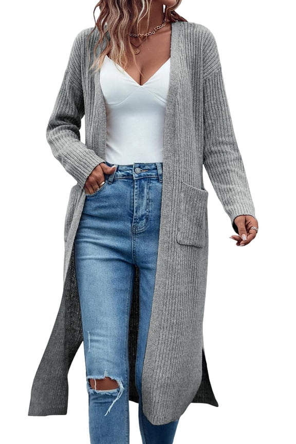 Open Front Long Cardigan Sweaters for Women Ribbed Knit Oversized Fall Casual Coat with Pockets