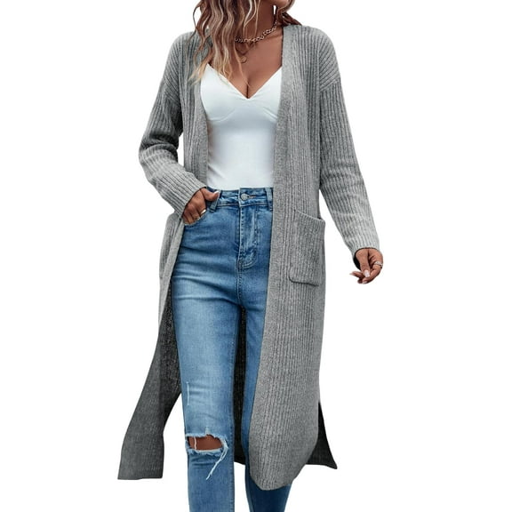 Open Front Long Cardigan Sweaters for Women Ribbed Knit Oversized Fall Casual Coat with Pockets