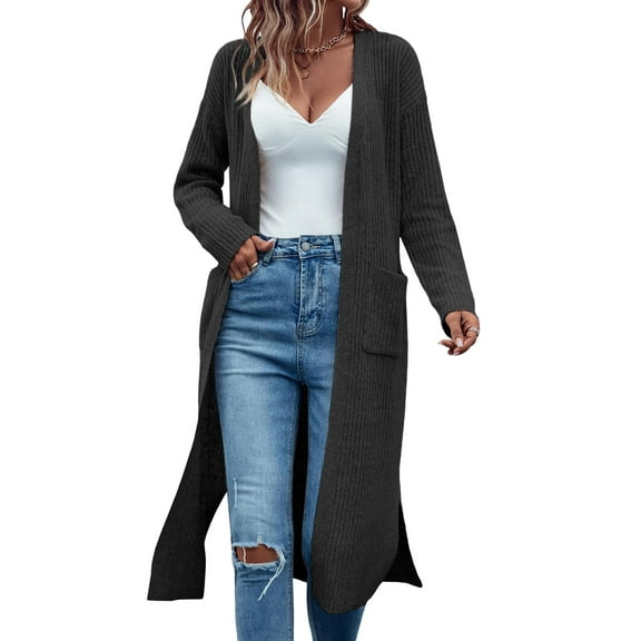 Open Front Long Cardigan Sweaters for Women Ribbed Knit Oversized Fall Casual Coat with Pockets