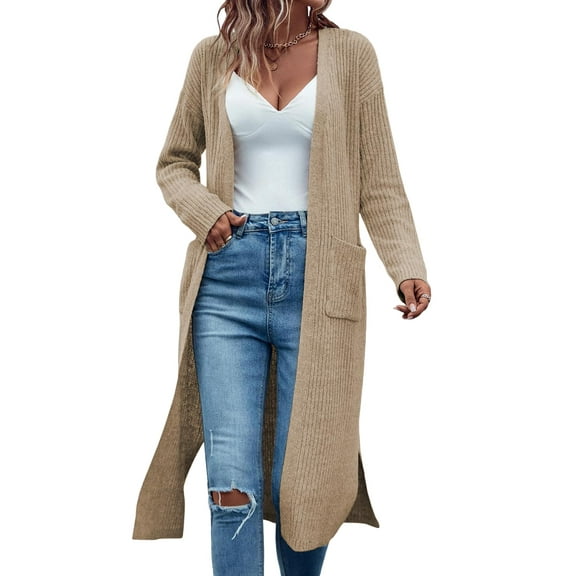 Open Front Long Cardigan Sweaters for Women Ribbed Knit Oversized Fall Casual Coat with Pockets