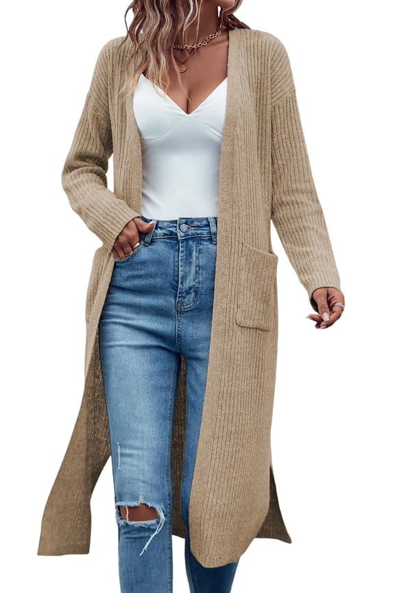 Open Front Long Cardigan Sweaters for Women Ribbed Knit Oversized Fall Casual Coat with Pockets