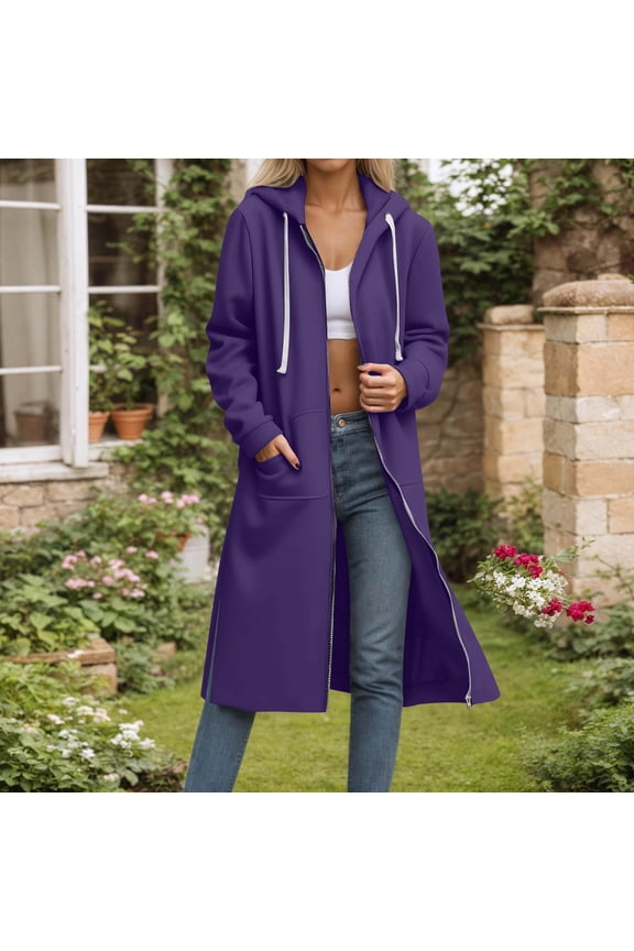 Open Front Outerwear for Women New Long Zip up Hoodie Women Plus Size Jacket Casual Hooded Drawstring Sweatshirts Coats Fall Winter Clothes Purple M