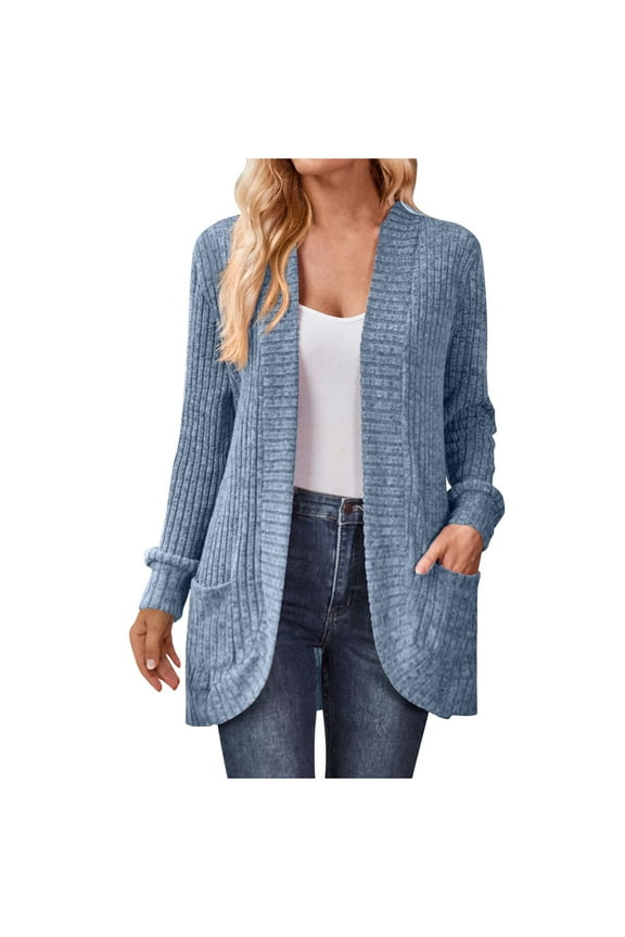 Open Front Ribbed Knit Cardigan Sweaters for Women Casual Fall Fashion Long Sleeve Mid Length Jacket with Pockets (Small, Sky Blue)