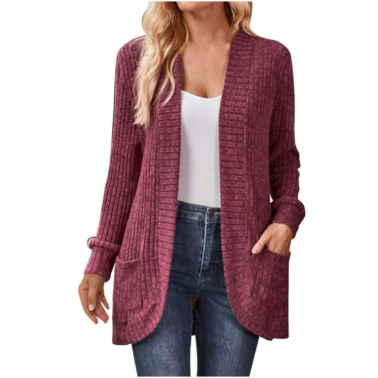 Open Front Ribbed Knit Cardigan Sweaters for Women Casual Fall