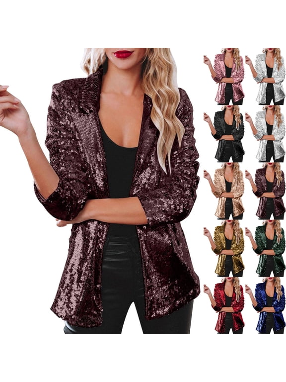 Open Front Sequin Blazer for Women, Long Sleeve Sparkly Party Jacket - Loose Fit Glitter Clubwear Coat Black S