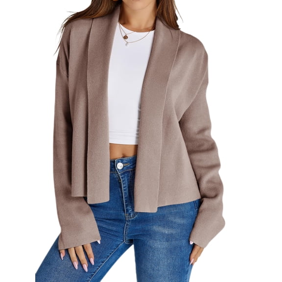 Open Front Solid Color Women Long Sleeve Shawl Neckline Knit Crop Cardigan