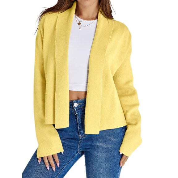 Open Front Solid Color Women Long Sleeve Shawl Neckline Knit Crop Cardigan