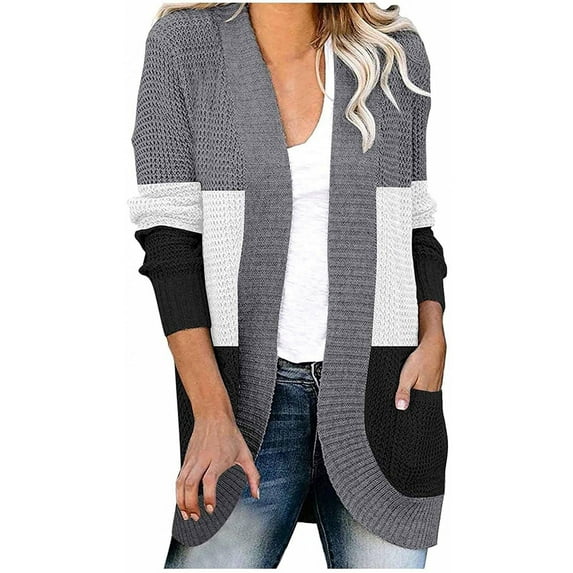 Open Front Sweaters For Women Loose Oversize Long Cardigan Sweater Color Block Patchwork Outerwear Tops With Pocket