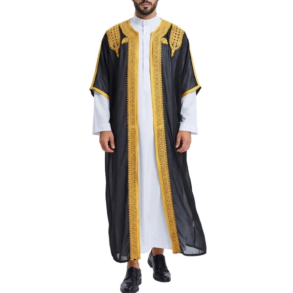 Open Front Thobe for Men Embroidery Bisht Sleeveless Arabic Dishdasha Mesh Stand Collar Arab Thobe for Wedding & Celebration Black XXL
