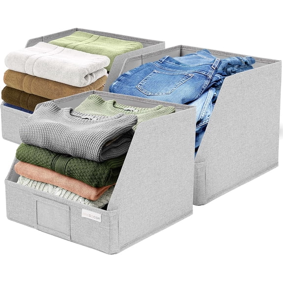 Open Front Trapezoid Closet Bins 12x12x10 Easy Access Shelf Organizer, Fabric Storage Baskets for Clothes, Linen, Sweaters Light Gray, 3 Pack