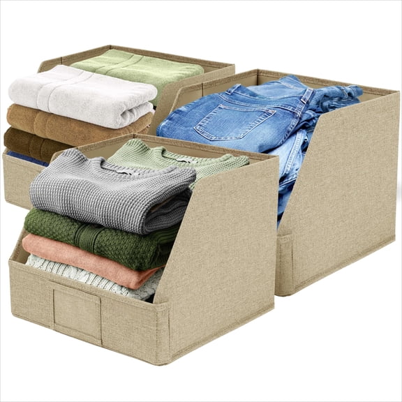 Open Front Trapezoid Closet Bins – Closet Shelf Organizer for Folded Clothes, Easy Access Fabric Storage Baskets – 3 Pack