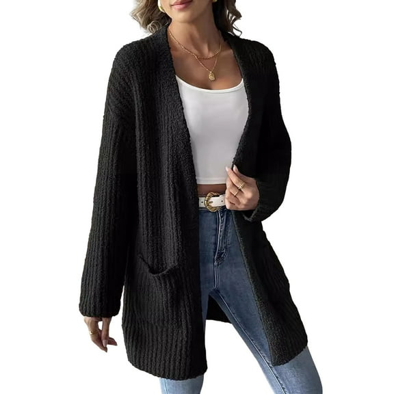 Open Front Women Casual Fall Sweater Long Sleeve with Pockets Sweater Cardigan Black M