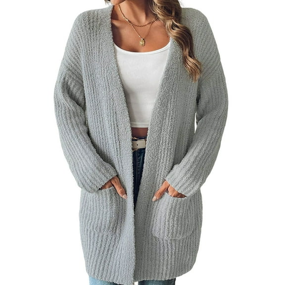 Open Front Women Casual Fall Sweater Long Sleeve with Pockets Sweater Cardigan Gray XL