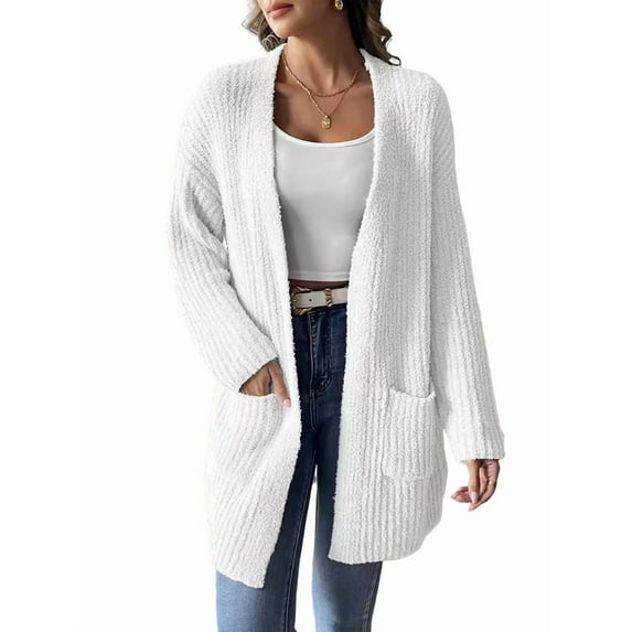 Open Front Women Casual Fall Sweater Long Sleeve with Pockets Sweater Cardigan White L